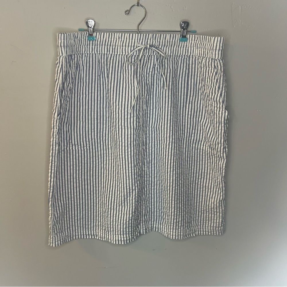 SW New York 100% Cotton Striped Knee Length Skirt Elastic Tie Waist Blue White